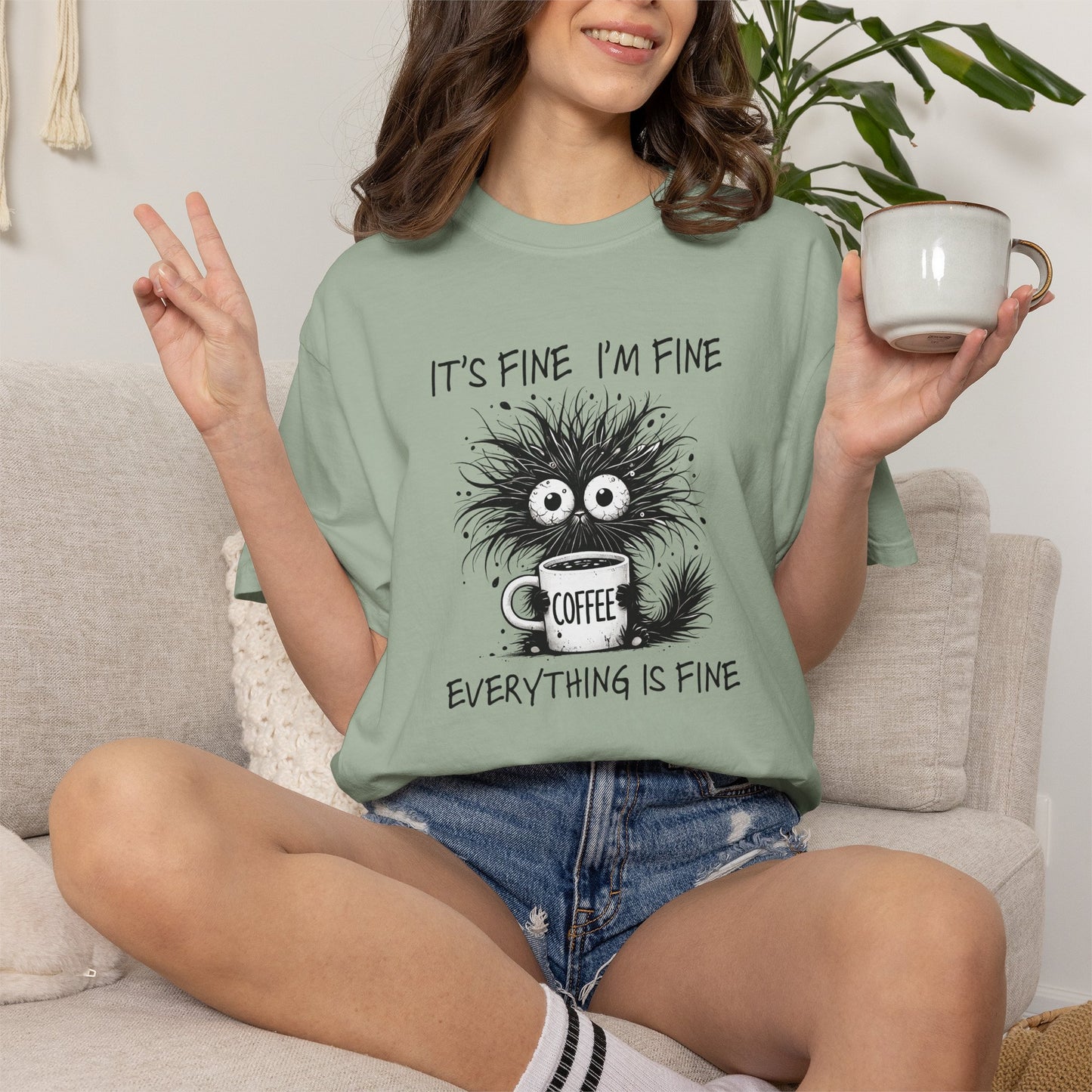 It’s Fine I’m Fine Everything Is Fine Cat Shirt | Comfort Colors Tee | Funny Sarcastic Cat Lover Graphic T-Shirt