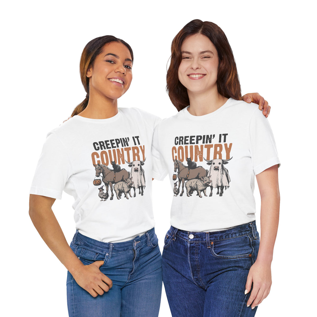 Halloween Country Graphic Design T-Shirt with Horse Cat Pig Chicken and Cow Fun Costume Details for Farm Animal Fans and Country Lovers