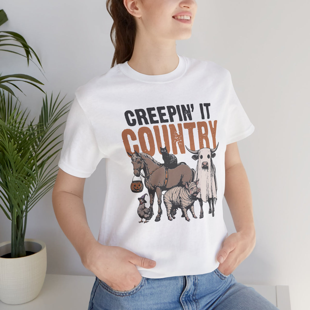 Halloween Country Graphic Design T-Shirt with Horse Cat Pig Chicken and Cow Fun Costume Details for Farm Animal Fans and Country Lovers