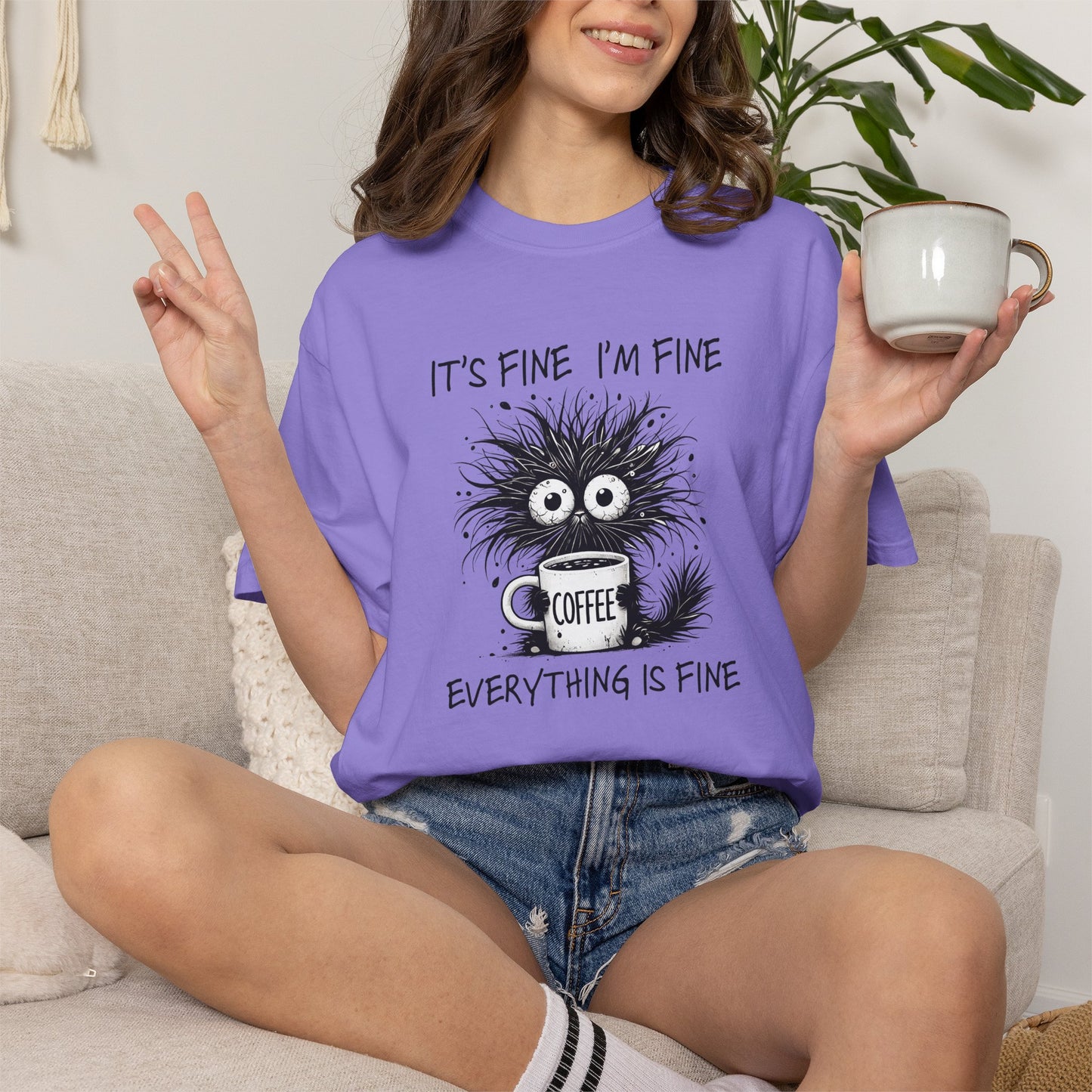It’s Fine I’m Fine Everything Is Fine Cat Shirt | Comfort Colors Tee | Funny Sarcastic Cat Lover Graphic T-Shirt