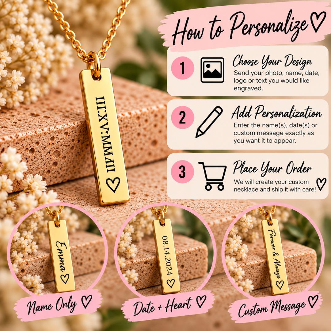 Personalized Engraved Vertical Bar Necklace | Custom Name, Initials or Message Jewelry