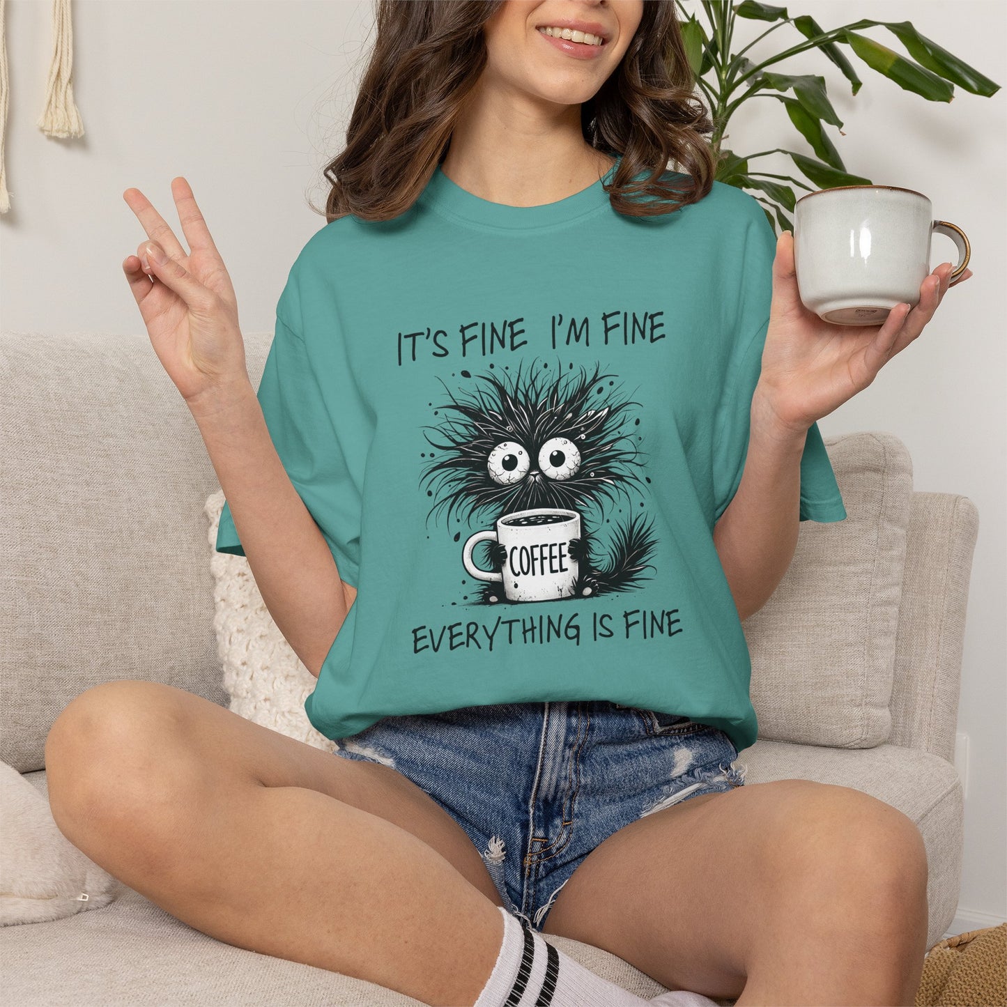 It’s Fine I’m Fine Everything Is Fine Cat Shirt | Comfort Colors Tee | Funny Sarcastic Cat Lover Graphic T-Shirt