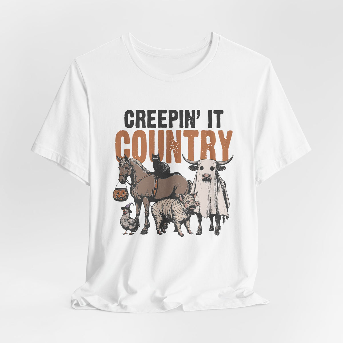 Halloween Country Graphic Design T-Shirt with Horse Cat Pig Chicken and Cow Fun Costume Details for Farm Animal Fans and Country Lovers