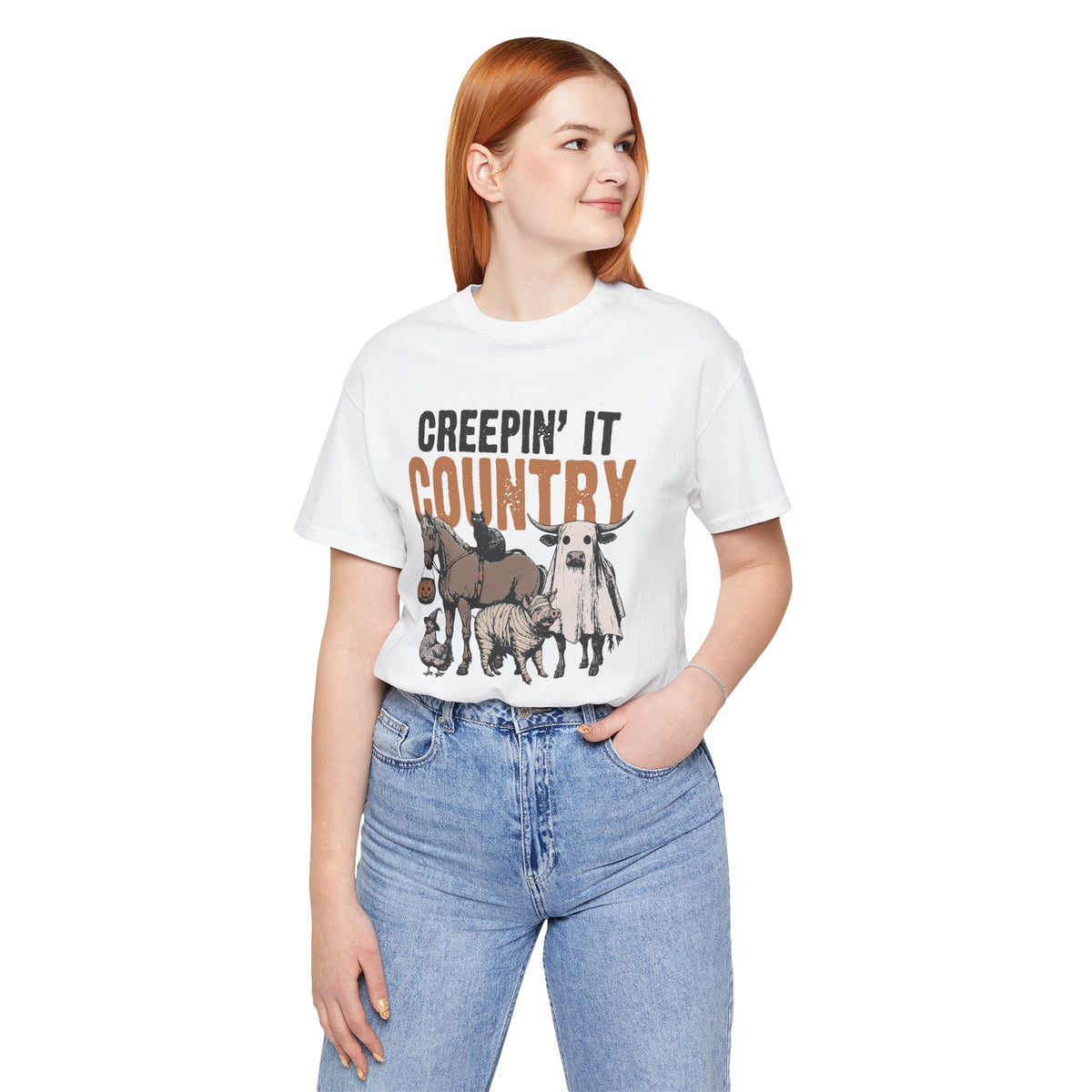 Halloween Country Graphic Design T-Shirt with Horse Cat Pig Chicken and Cow Fun Costume Details for Farm Animal Fans and Country Lovers