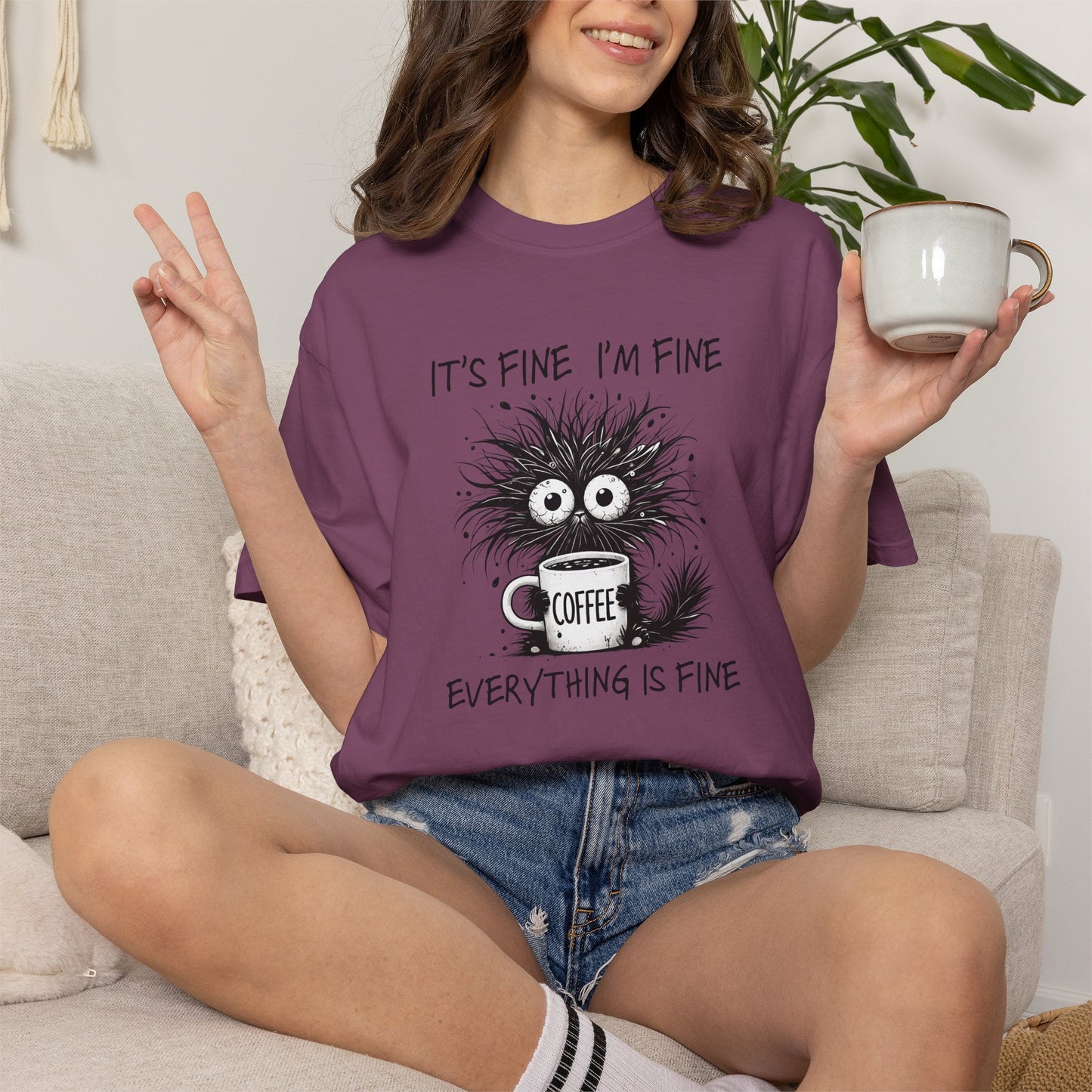 It’s Fine I’m Fine Everything Is Fine Cat Shirt | Comfort Colors Tee | Funny Sarcastic Cat Lover Graphic T-Shirt
