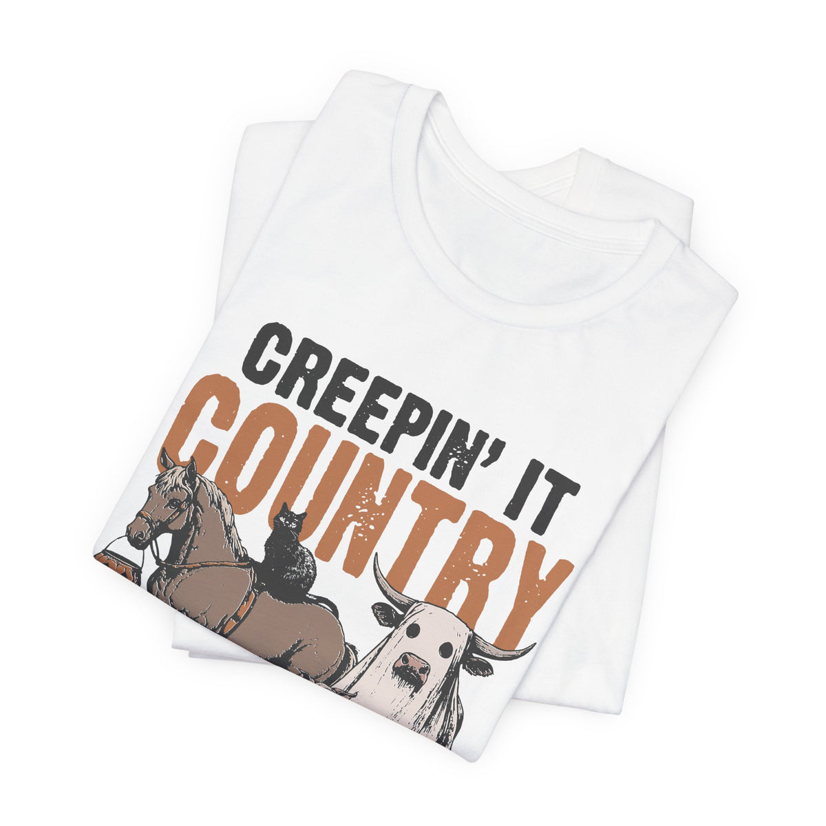 Halloween Country Graphic Design T-Shirt with Horse Cat Pig Chicken and Cow Fun Costume Details for Farm Animal Fans and Country Lovers